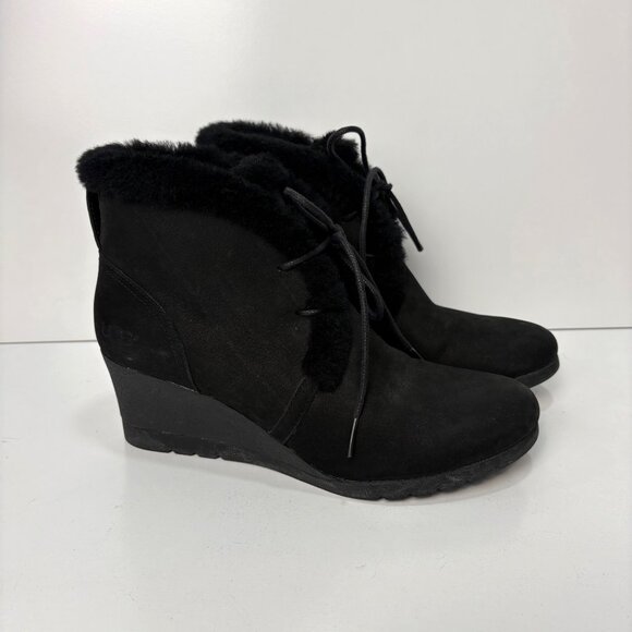 UGG Black Womens Jeovana Suede Waterproof Shearling Ankle Boots size 10 Wedge - Picture 1 of 10